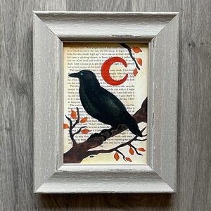 Crow and the moon painting (print) in grey thrifted frame